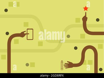 Three Long Hands Drawing Arms Pointing Fingers Touching Mobile Device Star And Pen. Multiple Stretched Hand Design Points Finger Pen Phone Symbols. Stock Vector