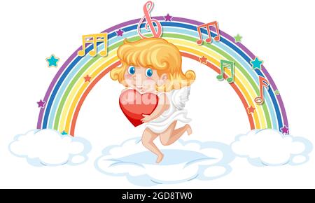 Cupid girl holding heart with melody symbols on rainbow wave ...