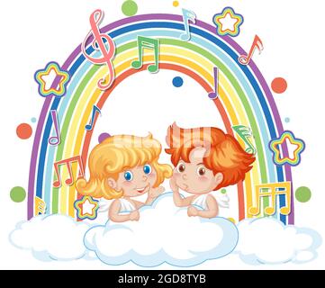 Cupid couple with melody symbols on rainbow wave illustration Stock ...