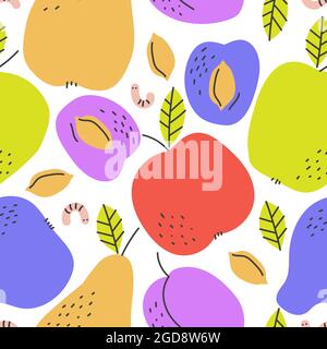 Bright summer seamless pattern with harvest of apples, pears, plums. Stock Vector