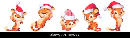 Cute baby tiger character in Christmas hat Stock Vector