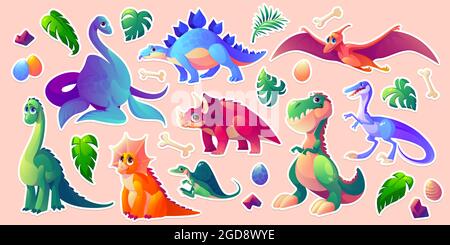 Dinosaurs stickerpack, dino cartoon characters set Stock Vector