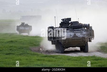 A pair of US Army (USA) M1126 Stryker Infantry Carrier Vehicles (ICV), from 2nd Platoon (PLT), Bravo (B) Company (CO), 1st Battalion (BN), 5th Infantry (INF), 25th Infantry Division (ID) (Stryker Brigade Combat Team (SBCT)), fitted with Slat Armor cages, conduct a patrol near Mosul, Iraq. The SBCT is assigned to Task Force Freedom supporting Operation IRAQI FREEDOM.  (USAF PHOTO BY TSGT MIKE BUYTAS 050331-F-9085B-037) Stock Photo