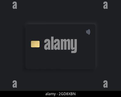 Neumorphism plastic bank credit card template with gold chip and shadow. Vector realistic object isolated on black background. Digital technology mock Stock Vector