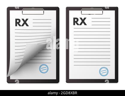 RX medical prescription pad set. Paper notes clipboard for report and prescriptions for patients vector illustration. Hospital or clinic document on t Stock Vector
