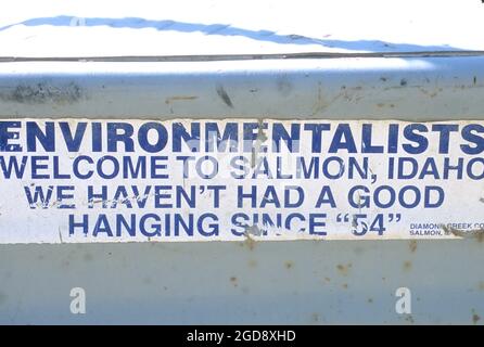 Anti-environmentalist bumper sticker on a truck in Idaho Stock Photo