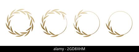 Golden laurel wreath round frame set. Rings with gold leaves, circle award logo or emblem vector illustration. Roman circular badge for anniversary, w Stock Vector