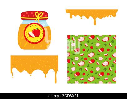 Set illustration with apple jam. Glass jar with label and red jam. Flowing liquid apple jam. Stock Vector