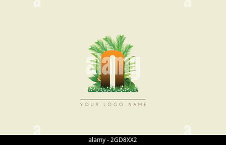 Initial Letter N   Exotic Summer  tropical Palm leaves refreshing Beach  icon logo design Stock Vector