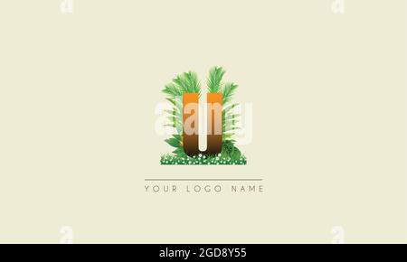 Initial Letter U   Exotic Summer  tropical Palm leaves refreshing Beach  icon logo design Stock Vector