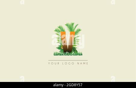 Initial Letter V   Exotic Summer  tropical Palm leaves refreshing Beach  icon logo design Stock Vector
