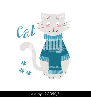 Cat in a warm winter sweater, funny pets, vector illustration. Isolated. Flat design Stock Vector