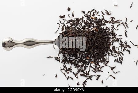 Dried Assam tea leaves on silver spoon on a white background. Stock Photo