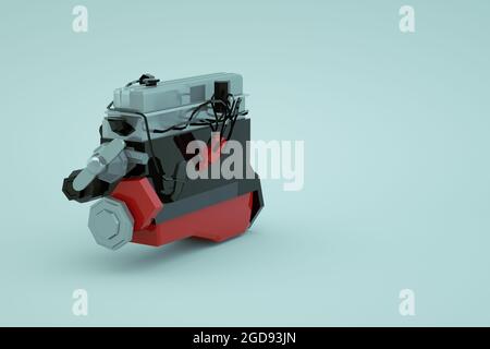 3d model of the mechanical part of a red large piston on a white isolated background. Mechanical spare part, repair of cars. Red big piston. Close-up Stock Photo