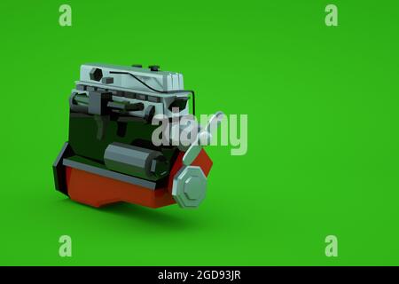 3d model of a mechanical part of a red large piston on a green isolated background. Mechanical part, repair, repair. Red big piston. Close-up Stock Photo