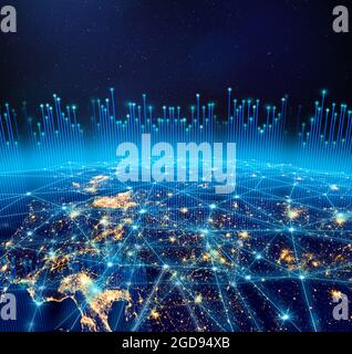 Planet Earth,  city lights and worldwide digital network infrastructure. Some elements of the image furnished by NASA. Stock Photo