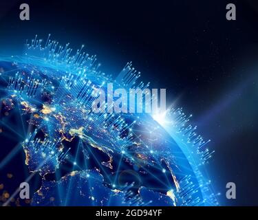 Planet Earth, city lights and worldwide growth digital binary data network infrastructure. Some elements of the image furnished by NASA. Stock Photo