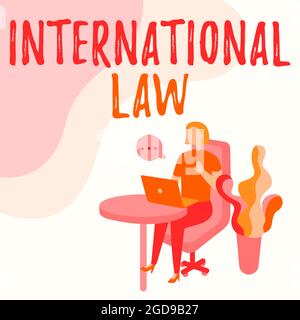 Text showing inspiration International Law. Business idea system of treaties and agreements between nations Woman Sitting Office Desk Using Laptop Stock Photo