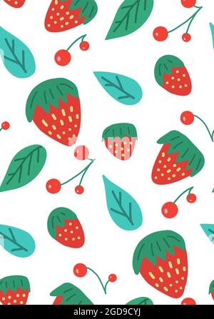 Simplcity seamless pattern with various berries. Vector cartoon natural texture. Hand drawn flat strawberry, lingonberry and cranberry with foliage on Stock Vector