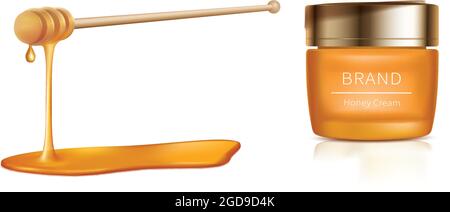 Cosmetic realistic vector illustration. Yellow jar with cream, wooden dipper with honey drips, organic cosmetics, natural spa formula for skincare, isolated on white background Stock Vector