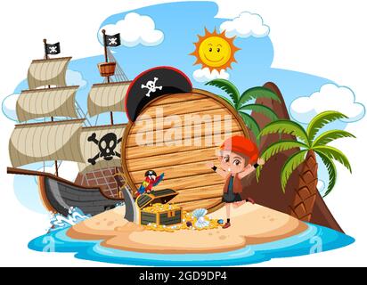 Pirate island with an empty banner isolated on white background illustration Stock Vector
