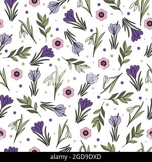 Spring pattern design with snowdrops, spring crocus, small flowers leaves and dots on transparent background Stock Vector