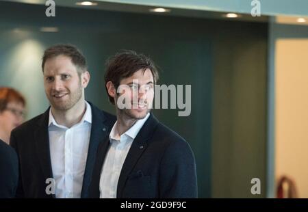 Berlin, Deutschland. 12th Aug, 2021. Uwe GENSHEIMER and Steffen WEINHOLD step down from the national team, archive photo; Steffen WEINHOLD and Uwe GENSHEIMER (from left) German national handball team as guests of the Federal Chancellor in the Federal Chancellery in Berlin, Germany on April 08, 2019. vÇ¬ Credit: dpa/Alamy Live News Stock Photo