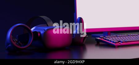 Gamer computer desk, virtual reality goggles with joy sticks, computer gaming with blank screen mockup, neon light, neon keyboard, dark workspace, 3d Stock Photo