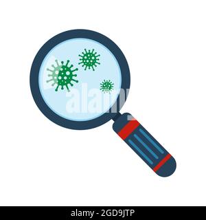 Virus icon. Vector illustration. Coronavirus under magnifying glass. Bacteria inspection icon Stock Vector