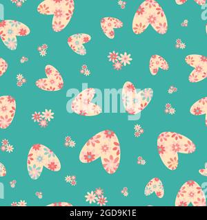 Colorful love heart vector seamless pattern in boho style. Aqua blue pink retro floral hearts and flowers backdrop. Scattered folk art bohemian Stock Vector