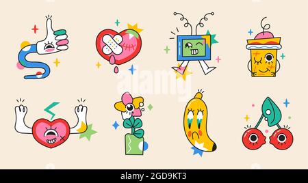 Crazy sticker vector set. Abstract comic character with big angry eye in trendy hand drawn style. Cute elements of TV, banana, coffee cup, cherries, b Stock Vector