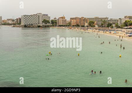 Palmanova, Spain; july 10 2021: Aerial and general view of the beach of the tourist resort of Palmanova on the island of Mallorca, a very hot summer m Stock Photo