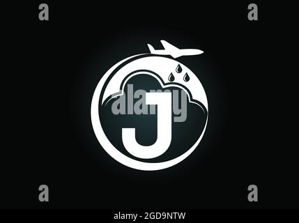 Initial J monogram alphabet with an airplane and cloud. Artificial rainmaking. Cloud seeding logo. Modern vector logo for the business, and company Stock Vector
