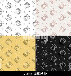 set of seamless patterns with Packet of popcorn, bucket of airy dessert. Leisure at cinema. Ornament for decoration and printing on fabric. Design ele Stock Vector