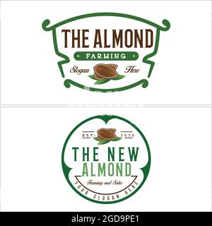Brown almond leaf plant emblem logo vector line art Stock Vector