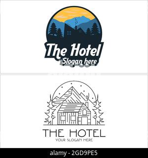 Hotel cabin villa rental mountain camping adventure recreation holiday forest logo design Stock Vector