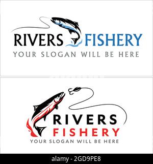 Bass fishing logo design on rivers on black, blue and red Stock Vector