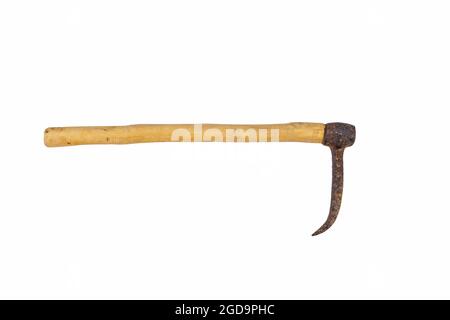 Old rusty steel elephant hook with wooden grip isolated on white Stock Photo
