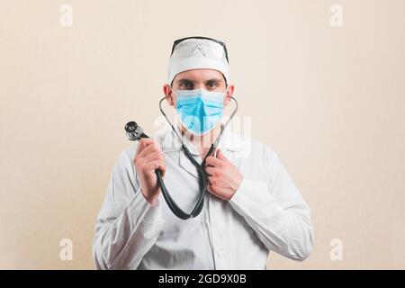Stethoscope in doctors hands isolated. Stock Photo