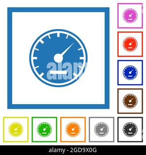 Speedometer solid flat color icons in square frames on white background Stock Vector