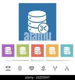 Database cut flat white icons in square backgrounds. 6 bonus icons included. Stock Vector
