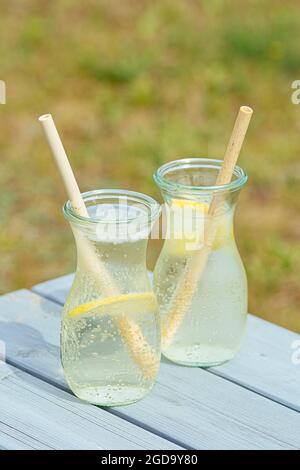 Fresh water with slice of lemon in a glass jugs with fully biodegradable and organic bamboo straws, vertical Stock Photo