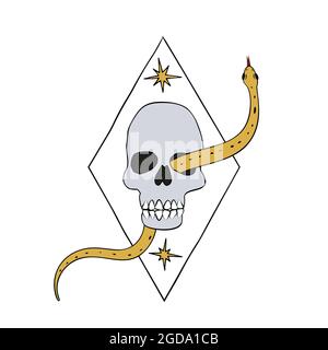 Vintage Mystic snake crawling out of the eye socket of the skull hand drawn Stock Vector