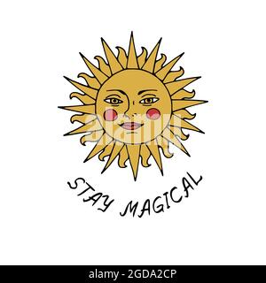 Vintage Mystic Golden Sun Illustration with Lettering Stock Vector