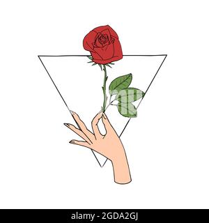 Vintage Mystic Hand holding rose flower drawing on triangle shape. Stock Vector