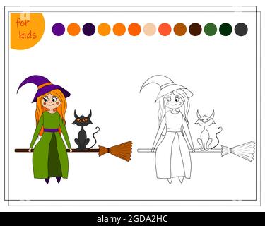 coloring book for children by colors, cartoon witch sitting on a broom with a black cat, halloween. vector isolated on a white background Stock Vector