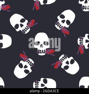 Halloween seamless pattern with stylized human skulls. Stock Vector