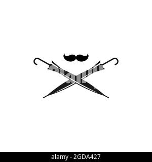 Crossed cane umbrellas with mustache. Vintage gentleman club logo. Flat icon isolated on white. Vector illustration. Retro barber logo. Father day or Stock Vector