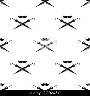 Seamless gentleman pattern on white background. Silhouette of moustache and crossed cane umbrellas. Black simple vintage ornament. Vector retro wallpa Stock Vector