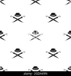 Seamless gentleman pattern on white background. Silhouette of bowler hat and crossed cane umbrellas. Black simple vintage ornament. Vector retro wallp Stock Vector